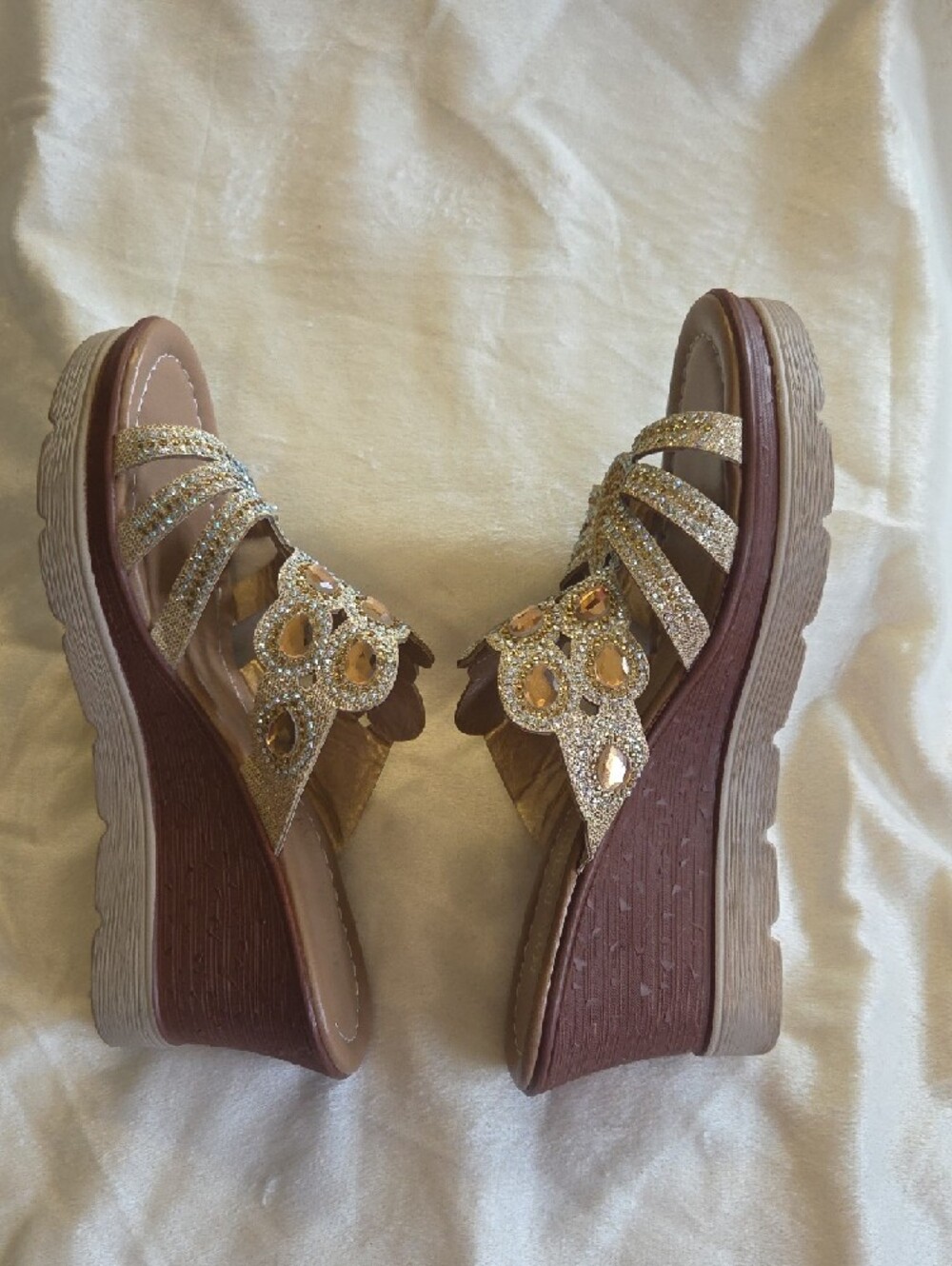 Gold Rhinestone Wedge Sandals - - Picture 4 of 5